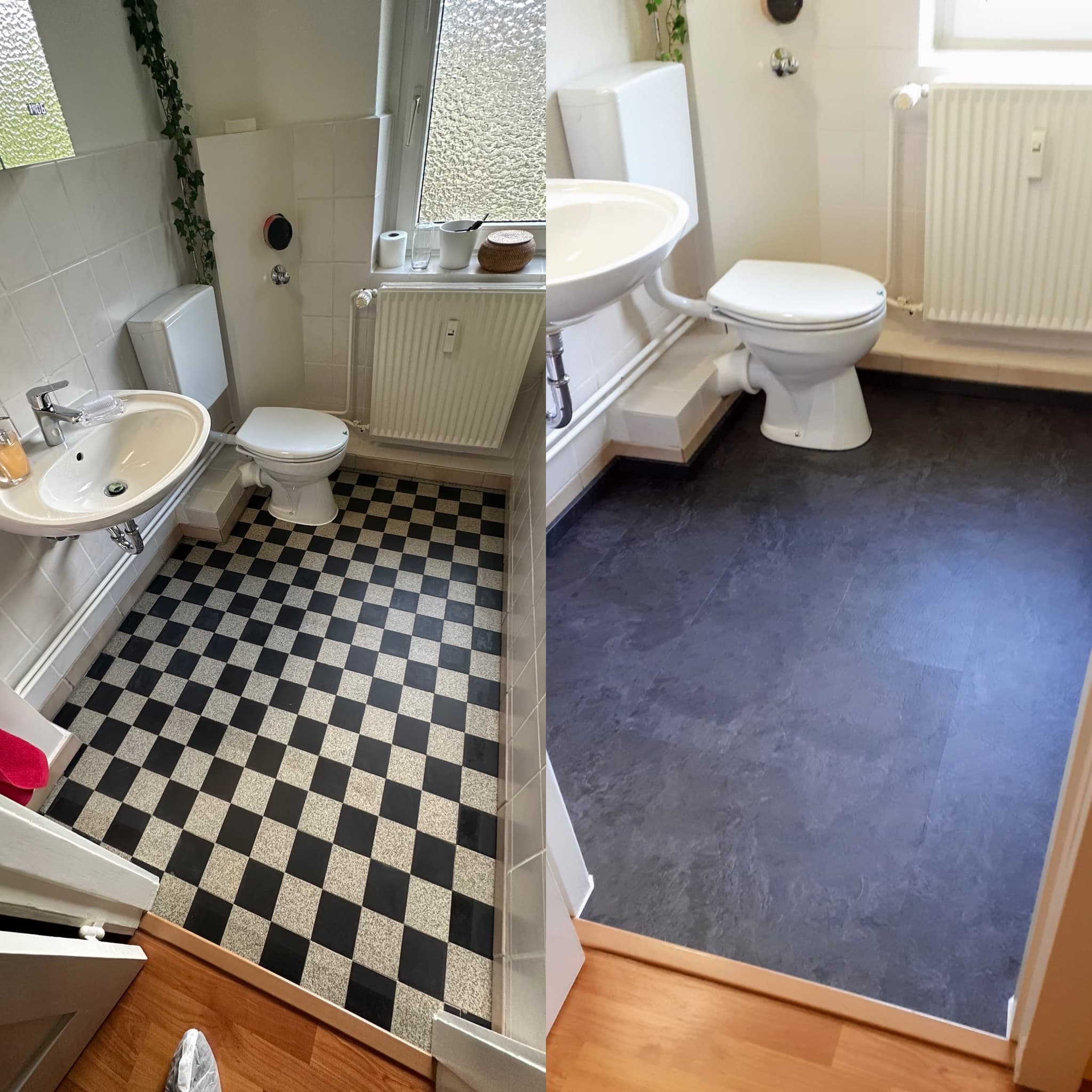 Badezimmerboden vor und nach Verlegung